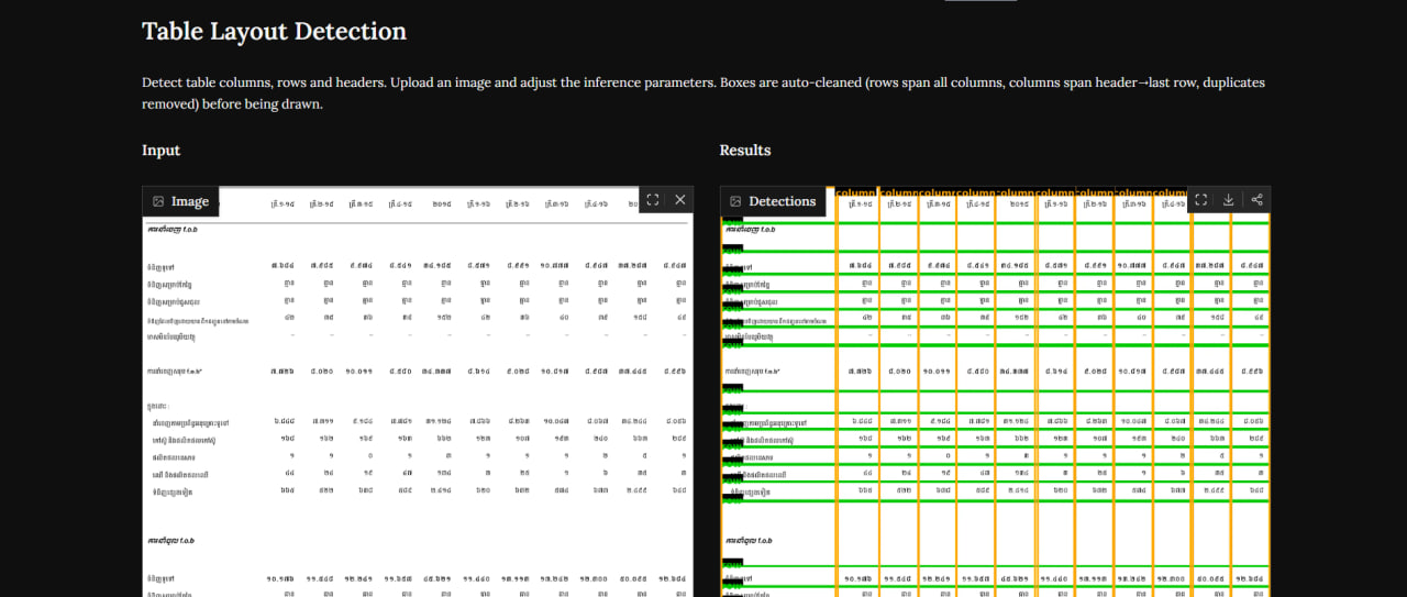 A web application layout showing an uploaded PDF page with highlighted green bounding boxes identifying the rows and columns of a table, alongside parsed data on the right.